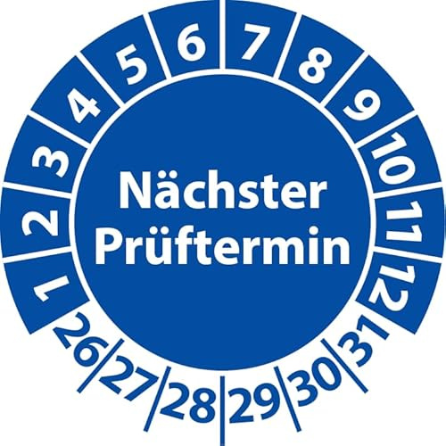 Prüfplakette Nächster Prüftermin, Vinylfolie, selbstklebend, Prüfaufkleber, Prüfetikett, Plakette (30 mm Ø, Blau, 500)