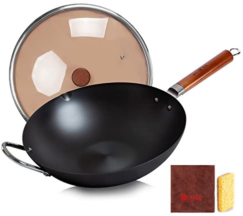 WANGYUANJI Wokpfanne aus Gusseisen, rund, 36,1 cm, traditioneller chinesischer Eisentopf mit abnehmbarem Holzgriff, Antihaft, E-Herd kompatibel, 14,2 Zoll, 5 Liter, für Asiatische Küche
