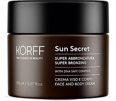 Korff Korff Sun Secret Super Bräunungsmittel, Sonnencreme für Gesicht und Körper, Sublimationsbräunungscreme, DNA-Formel, Safe Complex Formel, weiche Textur, 150 ml - 220 g