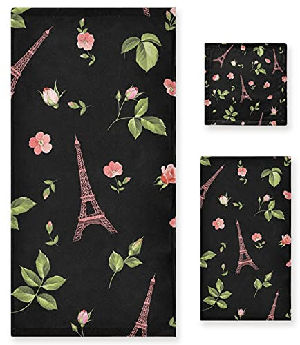 Vnurnrn Tour Rose De Paris Noire Ensemble de Serviettes pour Salle de Bain(1 Serviette de Bain,1 Serviette À Main,1 Gant de Toilette) Résistantes Aux Odeurs pour Garçons Filles
