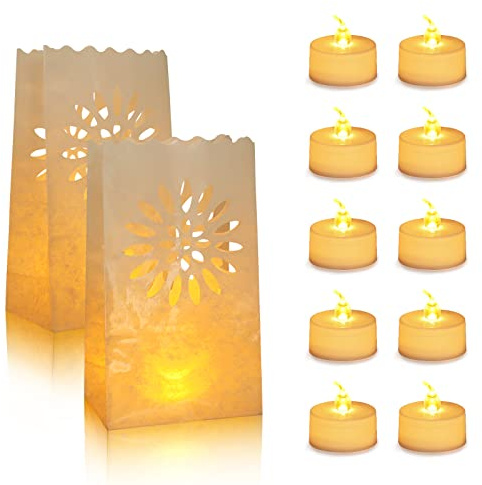 AceList 30PCS Luminary Bags with 30 PCS Flameless Candles Tea Lights for Wedding, Birthday, Party, Christmas Decorations(Sunflower)