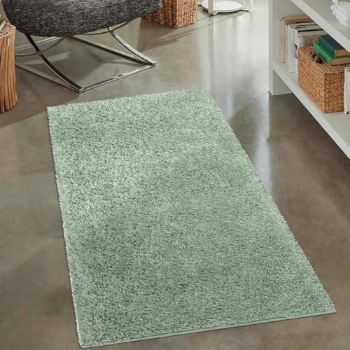 carpet city Shaggy Hochflor Teppich - 80x150 cm - Grün - Langflor Wohnzimmerteppich - Einfarbig Uni Modern - Flauschig-Weiche Teppiche Schlafzimmer Deko
