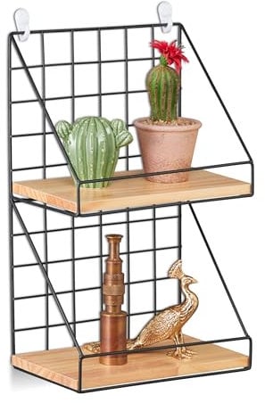 Relaxdays Mensola da Parete, 2 Ripiani, Scaffale con Design a Griglia, 41 x 25 x 16 cm, Stile Industrial, Nero Marrone
