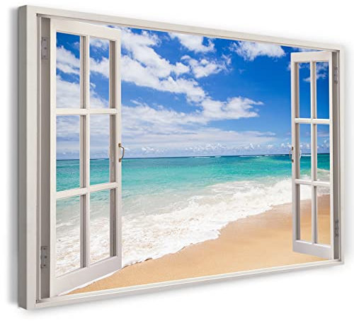 Printistico Bilder Fensterblick 80x60cm Baumwoll-Leinwand auf Keilrahmen mit Aufhänger moderner Kunstdruck XXL Wandbilder Wand-Dekoration Strand Urlaub Sand Meer Sonne - Natur-Fotografie