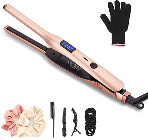 Mini Hair Straightener, Pencil Straightener for Short Hair, Beard and Pixies, Straight or Tight Curler, Adjustable Temperature, Small Flat Iron for Short Hair (Rose Gold)