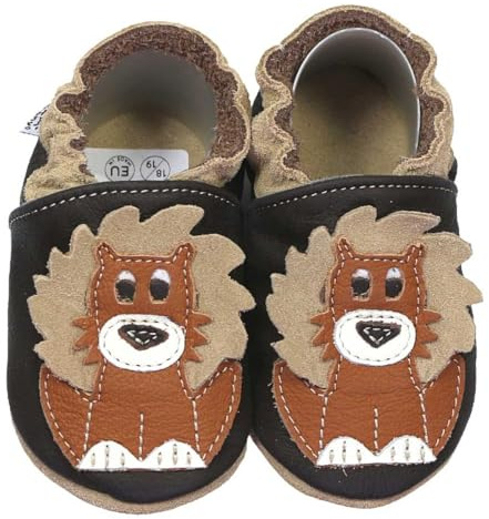 HOBEA-Germany Krabbelschuhe für Jungs und Mädchen in verschiedenen Designs, Kinderhausschuhe Jungen, Lederschuhe, Schuhgröße:16/17, Modell Schuhe: Löwe Dunkelbraun