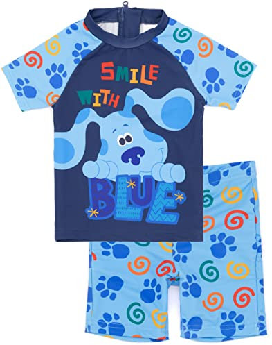 Blue's Clues and You Boys Swimsuit Set in Blue | 2 Piece T-Shirt & Swim Shorts Bundle for Kids | Smile with Blue Animated Puppy Swimming Costume | Fun Cartoon Swimwear Merchandise Gift for Children