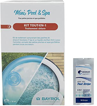 BAYROL Mini Pool & Spa KIT Tout-en-1 Traitement Chlore - 1,5kg | Chlore Lent Stabilisé Multiaction et Clarifiant - Désinfection Régulière Multifonction - Dissolution Lente + 10 Tests HPS OFFERTS 6en1