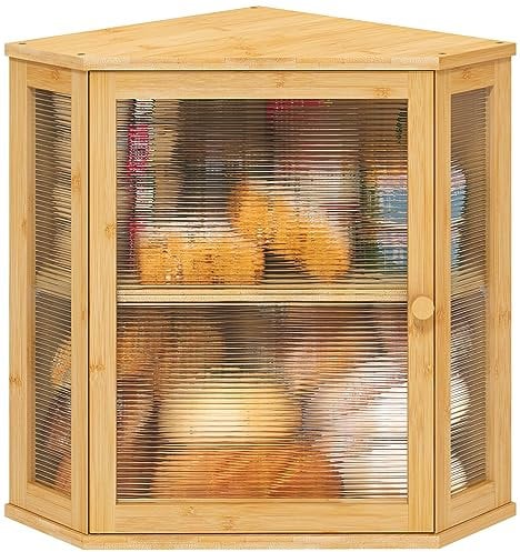 viewcare Panera extra grande, panera de esquina para encimera de cocina, de madera de bambú de gran capacidad, con panel de puerta ondulado acrílico
