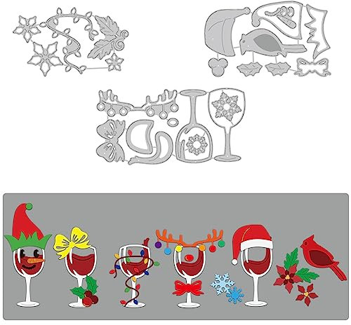 BENECREAT 3 Stück Weihnachts-Stanzschablonen, Weinglas Stechpalmenblatt Vogel Rentier Karbonstahl Schablone Für Kartenherstellung, Prägung von DIY-Papierkarten