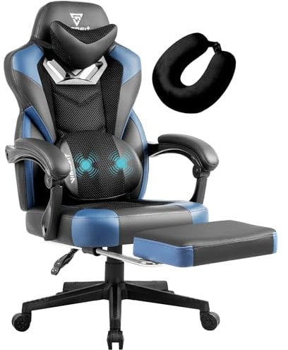 Vigosit Gaming Stuhl PRO, Gaming Sessel Bürostuhl Ergonomische für Erwachsene, Office Nap Gaming Chair Stühle schreibtischstuhl mit Sitzkissen Fußstütze, Mesh Drehstuhl Massagesessel (Schwarz Blau)