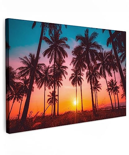 MuchoWow© Bild auf Leinwand Groß 120x80 cm XXL Schlafzimmer Bilder Wand Deko Wohnzimmer Modern Wanddeko Bilderwand Geschenk Natur - Palme - Sonnenuntergang - Horizont - Strand - Orange - Rosa