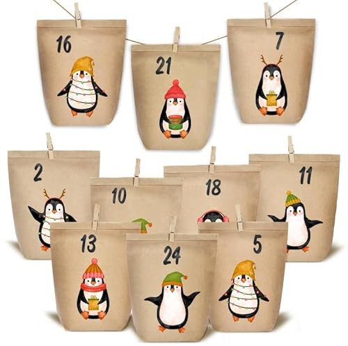 KOHMUI Adventskalender zum Befüllen, 24 Weihnachtskalender Papiertüten zum Selber Basteln, DIY Geschenktüten zum selbst füllen, Kraftpapiertüten Advents Tüten Selbstbefüllen für Kinder