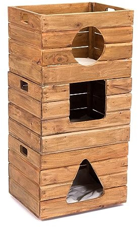 CREEDWOOD Casetta per Gatti Kitty | 3 Pezzi, 90 cm, Legno di Mogano | Grotta Impilabile, Capanna con Cuscini, Torre, Casa in Legno