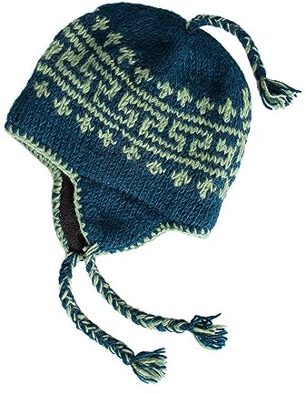 Handgestrickte Sherpa-Wollmütze mit Microfleece-Futter und Ohrenklappen, handgefertigte Winter-Toque, Weihnachtsmütze, hergestellt in Nepal, Blaugrün & Seafoam Green, L/Einheitsgröße