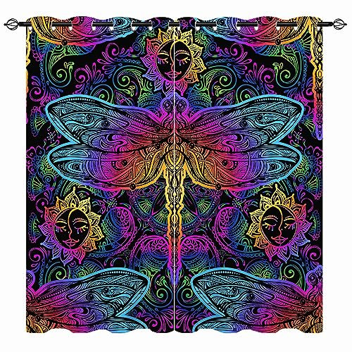 YUANZU Libelle Vorhänge Bunten Indischen Mandala Paisley Ösen Gardinen mit Blickdichte Vorhang Kälteschutz Blackout Curtain Wohnzimmer Schlafzimmer Verdunkelung Fenster, 2 Stück, H 213 x B 200 cm