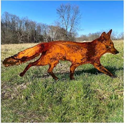 Fledimo Hinterhältige rustikale Metall-Fuchs-Gartendekoration mit Pfählen, rostige Metall-Tier-Hof-Pfähle, Garten Outdoor Fuchs-Ornament, Tier-Metall-Gartenstecker, Einweihungsgeschenk (40 cm)