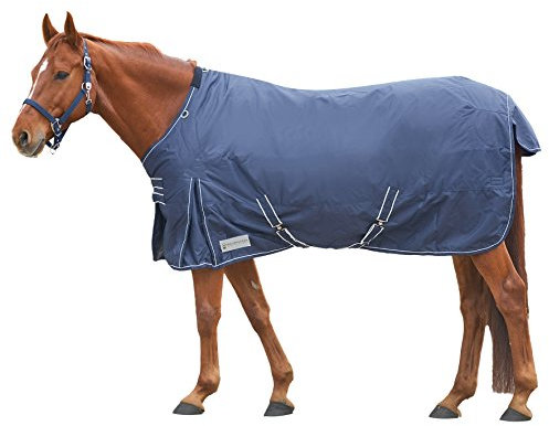 Amesbichler Reitsport Waldhausen Outdoordecke wasserdicht Economic dunkelblau mit Kreuzgurten und Gehfalte Pferdedecke