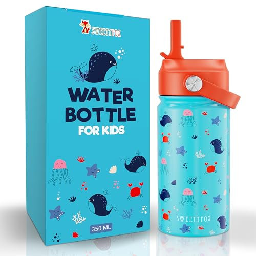Sweety Fox - Gourde Isotherme Enfant Océan avec Pailles et Goupillon - Gourde Enfant INOX sans BPA pour Enfants de 3 Ans et Plus