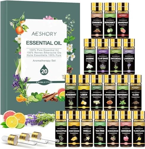 Aeshory Essential Oils Set 20x5 ML -100% Natural Fragrance Oils-Perfect for Diffuser, Humidifier,Aromatherapy, Massage, Scented Candle, Perfume, Soap and Bath Bombs Making