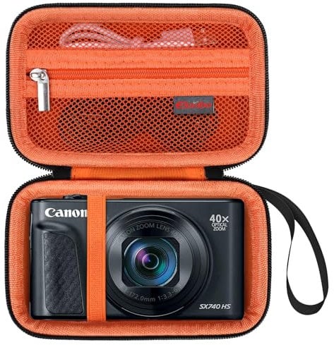Elonbo Canon PowerShot SX740/ SX730/ SX720/ SX620 étui Portable pour Appareil Photo Numérique, 4K Camera Travel Storage Manager Stand, Noir+Intérieure Orange