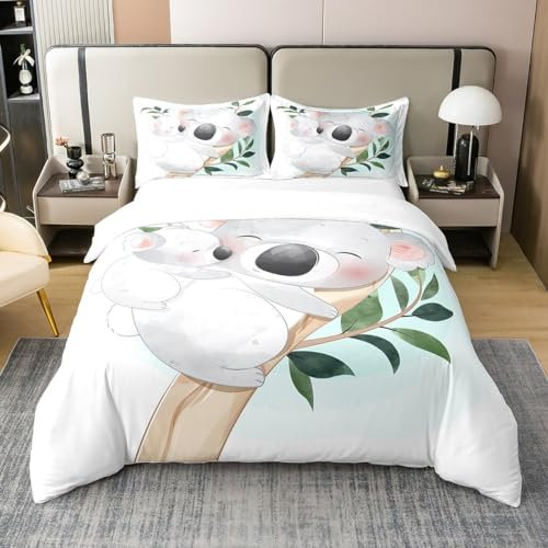 Loussiesd Süße Koala Bettwäsche Bettbezug Set Kinder Karikatur Koala Bettwäsche Set 135x200cm 100% Baumwolle Jungen Mädchen Koala Familie Botanical Dekor Betten Set Natur Thema Schlafzimmer