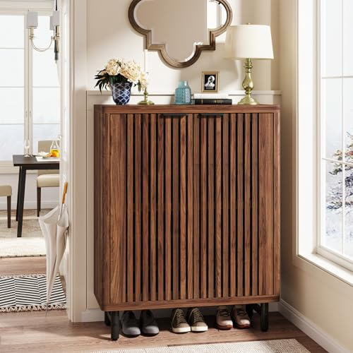 Tribesigns Zapatero de 6 Niveles con Puertas de persiana, Organizador de Zapatos Grande de Madera con estantes Ajustables, Muebles de Almacenamiento Ocultos Modernos para Entrada, Pasillo (Nogal)