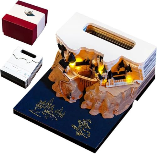 Wikay 2026 Schreibtisch Kalender 3D Notizblock mit Licht, 3D Zauberschloss Wochenkalender 2026 DIY Notizen Papierskulptur 3D Zeitstück Kalender Geschenk für Weihnachten Neujahr Büro/Schule Dekoration