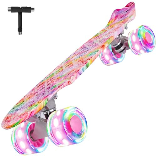 BELEEV Kinder Skateboard 22 Zoll mit LED Leuchtrollen Wheels, Komplette Mini Cruiser Skateboard für Kinder Jugendliche Erwachsene, LED Leuchtrollen mit All-in-one Skate T-Tool für Anfänger