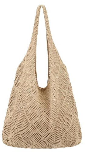 Bolso de hombro de paja para mujer,bolso de la compra de ganchillo grande de malla de verano para playa (Marrón)