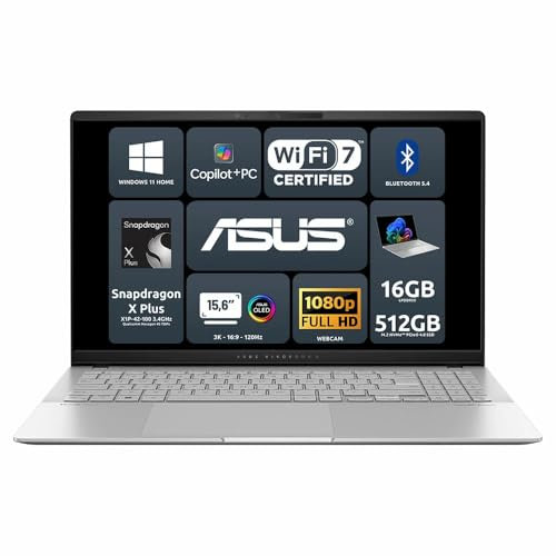 ASUS Notebook Vivobook S 15 S5507QA,15.6 3K (2880 x 1620) OLED 16:9, Snapdragon X Plus X1P42100, 16GB RAM LPDDR5X,512GB M.2 NVMe™ PCIe® 4.0 SSD, Windows 11 Home,Wifi 7,BT, COPILOT+
