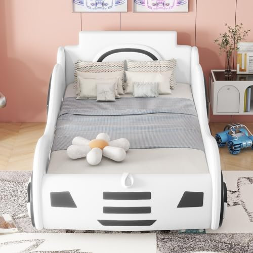 HYSZ Flachbett, 90 x 200cm, Bett mit Lattenrost (ohne Matratze), Modell Autobett, Autobett, Kinderbett, Kinderbett mit Unterbettstauraum, Weiß