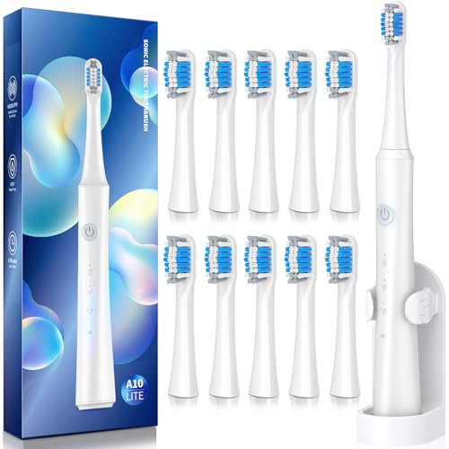 Erwachsenenelektrische Zahnbürste mit Halter und 10 Bürstenköpfen, wiederaufladbare elektrische Zahnbürste. Schnelles 2-Stunden-Laden hält 35 Tage. 40.000 VPM und 3 Modi (Weiß, smart)