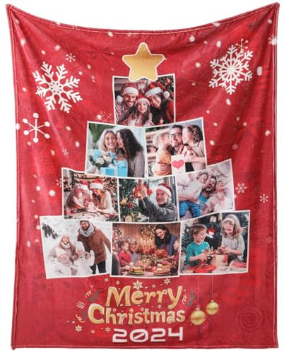 Loosusu Weihnachte Personalisierte Decke mit Foto, Fotodecke mit Eigenen Fotos, Personalisierte Fotodecke Geschenk für Weihnachtstag Familie Kuscheldecke für Mama Papa Opa Oma