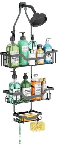 MDDK DY Shower Caddy Hanging – 3-Tier Over Shower Head Organiser with Anti-Slip Grip & Suction Cups, Rustproof No-Drill Bathroom Storage Rack for Shampoo, Conditioner & Toiletries, Black