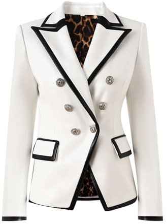 Women's Pointed Lapel Double Breastplate Pu Leather Patchwork Blazer Casual Street Chic Blazer White L