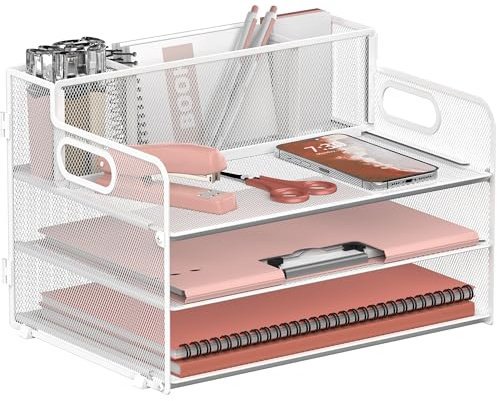 SUPEASY 3-Tier Schreibtisch Organizer mit Griff.3 Stifthalter, Mesh Papier/Datei Organizer für Schreibtisch, Papier Brief Tray Organizer für Bürobedarf, Weiß