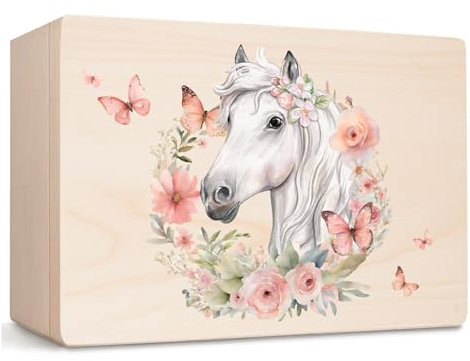 Little Deco Baby Erinnerungsbox Holzkiste mit Pferd & Blumenkranz | M - 30 x 20 x 13 cm | Ideal zur Aufbewahrung & als Geschenk zur Geburt, Taufe oder Geburtstagsgeschenk für Mädchen XHL1037-01