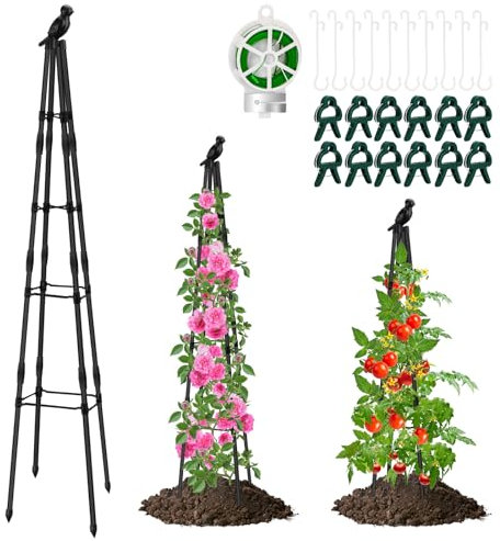 Garden Trellis For Climbing Plants, Yotako Adjustable Rustproof Metal Obelisk Tower Includes 20m Twistee Tie 10 Clips 10 Hooks for Sweet Pea Frame Rose Trellis Potted Plants Vegetables Fruits,160cm