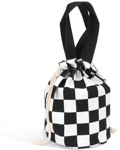 Linkidea Insulated Food Jar Storage Bag, Portable Drawstring Wrap with Hand Strap, Lunch Box Carrier for Food Can, Compatible with Thermos, Hydrapeak, Hydro Flask, Stanley (Black & White)