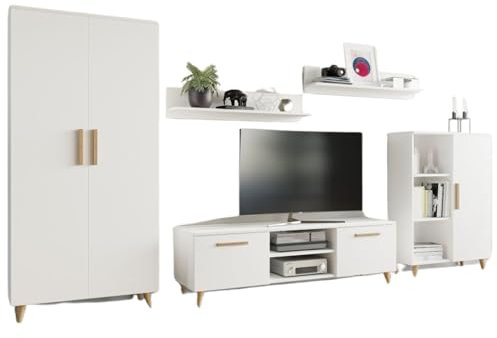 Per la vita Schrankwand Nord Weiß – Modernes Wohnzimmermöbel Set mit Standkommode, Kleiderschrank, TV-Schrank & 2 Wandregale bieten – Schrankwand für Wohnzimmer & Jugendzimme