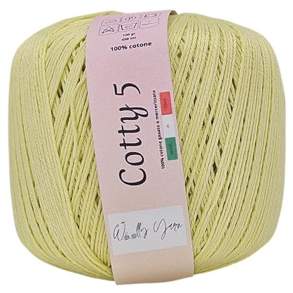 Woolly yarn Cotty 5 Cotone numero 5 per uncinetto e lavoro a maglia, cotone sottile, gomitolo 100gr 452 metri 100% filo di scozia (Giallo Pastello 4)