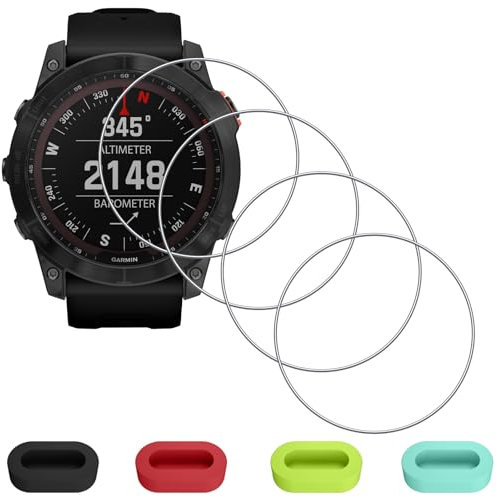 Eirltiy 4 Pièces Verre Trempé Protection Ecran pour Garmin Fenix 7X Pro/7X Sapphire Solar/Solar + 4 Pcs Bouchon Anti-poussière Silicone,Vitre Trempe Dureté 9H Anti-rayures Protecteur Écran Ultra Mince
