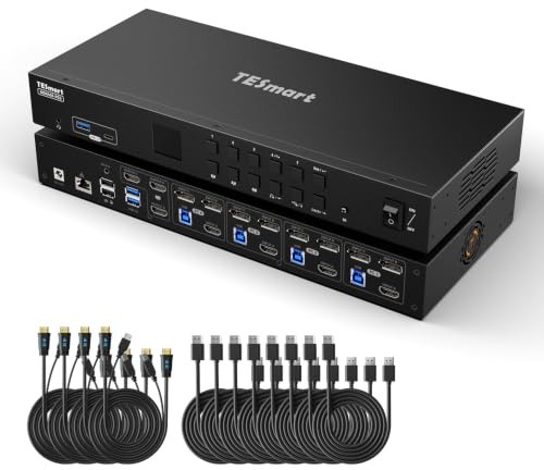 TESmart HDMI Displayport KVM Switch 3 Monitors 4 Computers 4K@60Hz USB 3.0 | KVM Switch Triple Monitors, HDMI 2.1&DP 1.4, Audio&Mic, EDID Emulators, 1Gbps Ethernet, Hotkey Switch, Input Cables Included