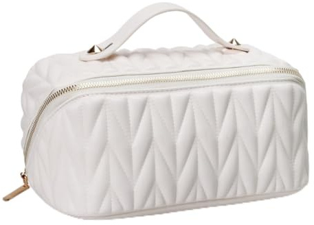 Gosera Leather Travel Makeup Bag Large Capacity Toiletry Bag Organizer for Women with Waterproof Interior Pocket, Easy Install Easy to Use White