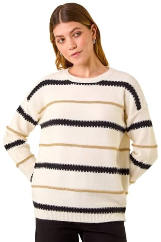 Roman Women Stripe Print Jumper Ladies Winter Autumn Knit Knitted Sweater Embroidered Knitwear Casual Smart Round Crew Neck Pull Over Everyday Going Out Party
