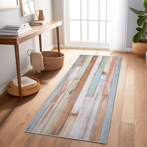 Flurläufer 60X150 cm – rutschfest Waschbar Langer Teppichläufer Für Flur, Eingang, Schlafzimmer, Wohnzimmer, Küche – Gebrauchsspuren Holzpaneel Textur Braun Niedriger Flor Heimdekoration