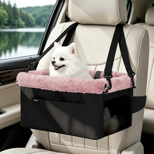 JOEJOY Deluxe Hundeerhöhung mit stabilem Metallrahmen und Sicherheitsleine für kleine Haustiere bis zu 9 kg – tragbarer Welpen-Hunde-Autositz mit dickem Kissen und Aufbewahrungstaschen für kleine