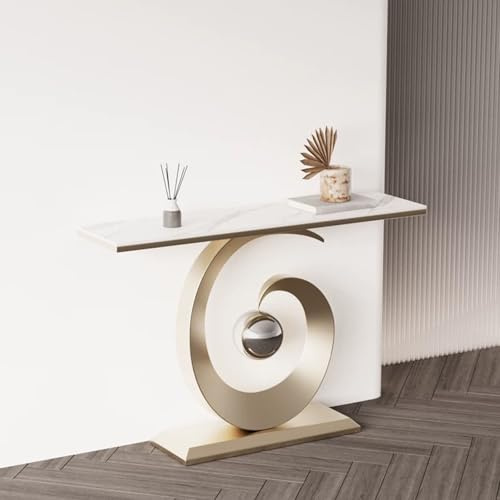 Moderner Eingangsbereich Foyer Sinterstein tisch,Flur Dekoration konsolentisch,Innenbereich schmal konsolentisch,Metall wohnzimmer tisch,Abgerundete Kanten,Pflegeleicht.(White gold,80*30*80cm)