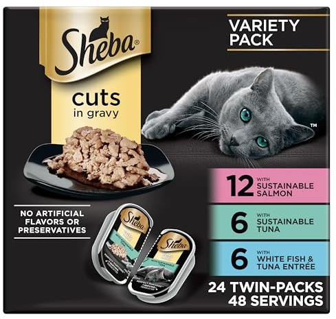 Sheba Perfect Portions Wet Cat Food Cuts in Gravy, Cat Food Wet Recipe, Sustainable Salmon, Tuna, White Fish and Tuna Entree, 2.6 oz. Twin-Pack Trays (24 Count, 48 Servings)